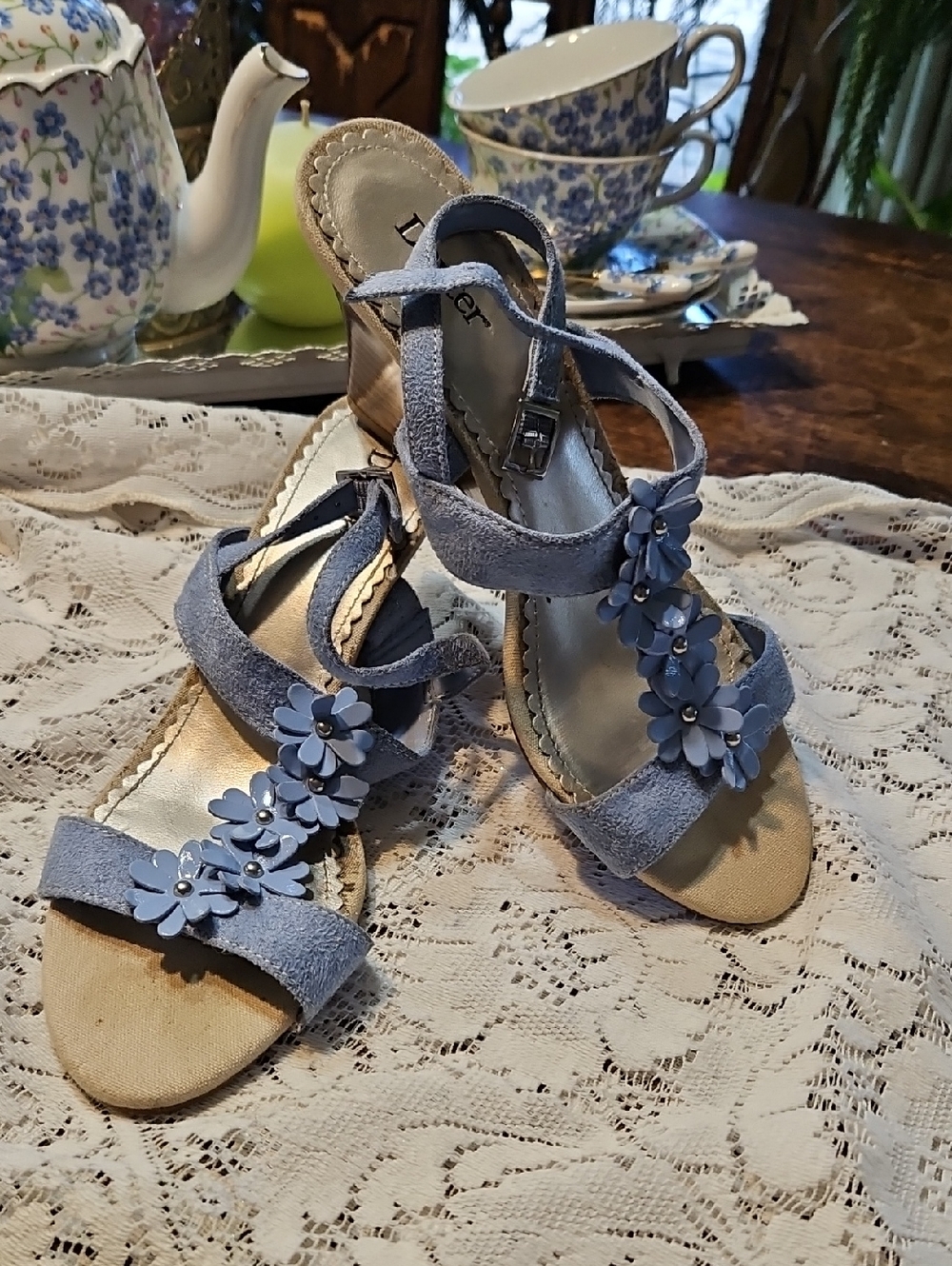 Dexter Dusty Blue Floral Suede Heeled Sandals